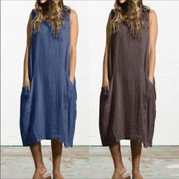 Casual Dresses Elegant Solid Maxi Dress Women's Summer Sundress 2021 Sleeveless Beach Boho Pockets Vestidos Female Abaya Robe Plus Size