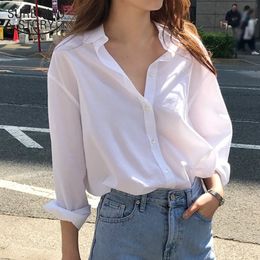 Spring Autumn Turn-down Collar Long Sleeve Blouse Women Office Lady Solid White Shirt Korea Loose Cardigan Clothing Blusas 11274 210225