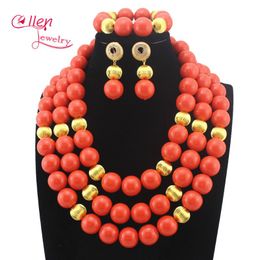 Earrings & Necklace African Nigerian Wedding Beads Sets Red Coral Big Round Bead Jewelry Set Costume E1079