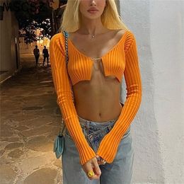 Knitted Long Sleeve Crop Top Women V-Neck Open Front Sexy Woman T-shirts Club Party Y2K Spring Autumn Cropped Sweater 220315