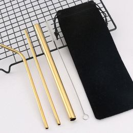 Drinking Straws 5PCS Reusable Metal Straw Eco Friendly 304 Stainless Steel Cleaning Brush Pink Bubble Bag Pouch Set