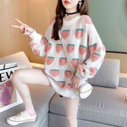 winter printed peach jacquard sweater women loose outer wear autumn and cute base pullover long sleeve 210812
