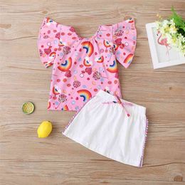 Summer Children Sets Casual Girls Short Sleeve O Neck Print T-Shirt Bow Skirt Cute Clothes 12M-5T 210629