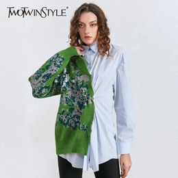 TWOTWINSTYLE Patchwork Hit Colour Kitting Shirts Female Lapel Collar Long Sleeve High Waist Tunic Irregular Blouses Women Fashion 21302