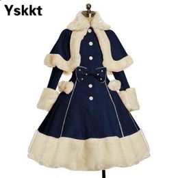 Yskkt Women Lolita Autumn Coat Warm Fur Collar Bowknot Dress Jacket Fashion Sweet Princess Breasted Overcoat Halloween Costume 220118