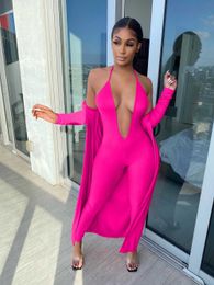 2020 Best Quality Fashion Design 2 pcs Women Set Solid X-long Outwear and Halter Jumpsuits Sexy Outfits Y0625