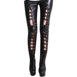 Pantaloni neri da donna Skinny Lace Up pantalon Matita Leggings sexy Legins Punk Rock Pantaloni in pelle gotici femminili Q0801