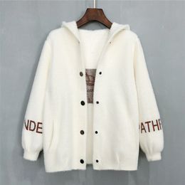 Women's Imitation Mink Velvet Coat Autumn And Winter Loose Letter Embroidery Fur Collar Cardigan Female Hooded Knitted Tops M248 211215