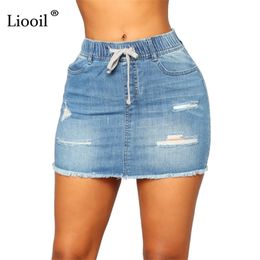Liooil Blue Denim High Waist Hole Mini Skirt With Pocket Women Clothes Streetwear Wash Distressed Drawstring Sexy Bodycon Skirts 210629
