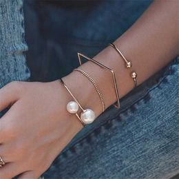 4 Pcs/set Trendy Gold Colour Imitation Pearl Geometric Bohemian Link Chain Bracelet Set Vintage Bracelets for Women Jewellery Q0719