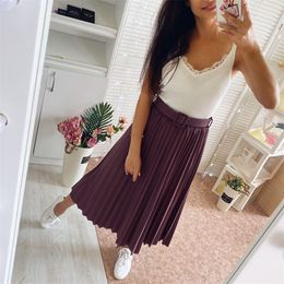 GIGOGOU Spring Autumn Women Pleated Skirt With Belt Elegant High Waist A Line Midi Skirt Long Tulle Tutu Skirts Jupe Longue 210311