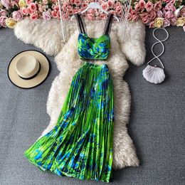 Summer Seaside print camisole tube top sleeveless two-piece elegant pleated dress womens with large swing dress 2 piece set 210708