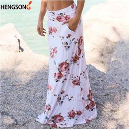 Boho Women Pocket Casual Beach Long Skirt Flower Printed Maxi Skirts Elastic Waist Faldas Saia Drop 210621