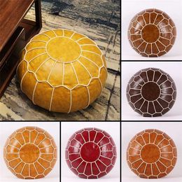 Moroccan PU Leather Pouffe Embroider Craft Ottoman Home Modern Footstool Round 55*35cm Artificial Unstuffed Cushion 211203