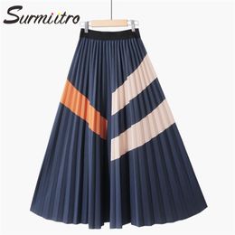 SURMIITRO Midi Long Pleated Skirt Women Fashion Autumn Winter Korean Style Patchwork High Waist Mid-Length Skirt Female 211120