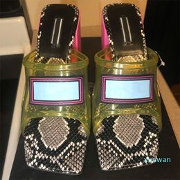 Hot sale-New Transparent Women Mid Heel Sandals PVC snakeskin sandals 100% leather High Heel Mules Slides luxury slipper size 34-42