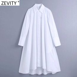 Zevity Women Fashion Turn Down Collar Single Breasted White Shirt Dress Office Ladies Casual Loose Business Vestido DS5043 210603