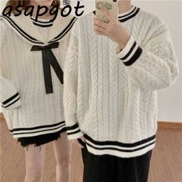 Sweater Thick Wild Loose Full O Neck Outfits Preppy Style Color Contrast Pullovers Sweater Women Student Men Knitted Top Jumpers 210610
