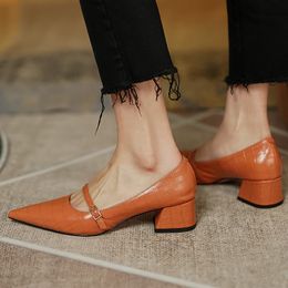 Womens genuine leather thick high heel pointed toe slip-on pumps metal buckle cross strap slim ladies OL style dress shoes sale