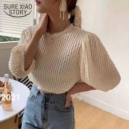 Spring Korean Loose O-Neck Lace Edge Chiffon Blouse Wave Ripple Polka Dot Bubble Half-Sleeve Bottoming Tops White 13763 210528