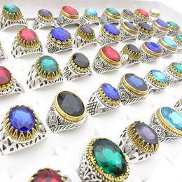 Wholesale 50PCs/Lot Mix Styles Vintage Womens Rings Antique Silver Plated Gold Side Glass Stone Mens Fashion Jewellery Party Gifts