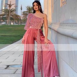 Causal Dusty Pink One Shoulder Jumpsuit Evening Dresses For Women 2022 Long Sleeve Sparkly Sequined Pant Suits Prom Dress Special Occasion Gowns Custom Made