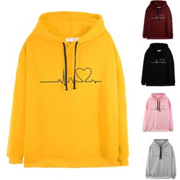 New Plus Size Women Sweatshirt Hoody Fashion Ladies Hooded Heartbeat Printed Pullovers Girls Long Sleeve Autumn Winter Clothes