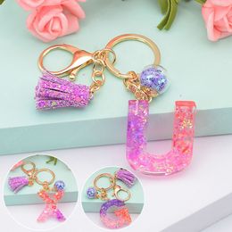 Acrylic 26 Letters Keychains for Women Car Key Ring With Tassel Sequins Resin Charm Bag Pendant Jewellery