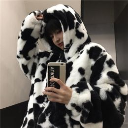 Winter Women Fleece Jackets Furry Teddy Coat Harajuku Milk Cow Print Faux Fur Jacket Vintage Hip Hop Warm Streetwear 211014