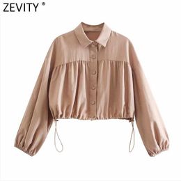 Zevity Women Vintage Solid Colour Pleats Design Casual Short Shirt Female Lantern Sleeve Kimono Blouse Roupas Chic Tops LS9071 210603