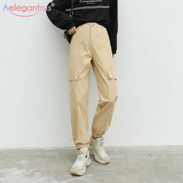 Aelegantmis Casual Streetwear Khaki Cargo Pants Capris Women High Waist Joggers Fashion Hip Hop Female Trousers Ladies 210607