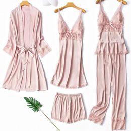 Loose Sexy Women Sleepwear 5PCS Pajamas Set Spring Summer Kimono Bathrobe Gown Loose Home Clothes Soft Satin Pijamas Suit Q0706