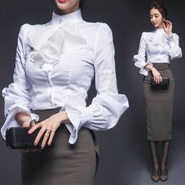 Slim Ruffles White Women Shirts Chiffon Flare Sleeve Blouse Female Blusas Lady Undershirt Tops Women Clothes RWS175021 210225