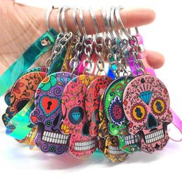 Keychains Calavera Mexican Whimsical Skull Key Chain Keyrings Laser Dazzle Rope Sugar Skull Key Ring Bag Charm Sweet Gift G1019