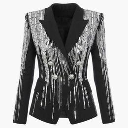HIGH STREET est Fashion Designer Jacket Women's Double Breasted Luxurious Stunning Silver Metal Buttons Beaded Blazer 210930