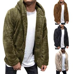 Mens Buttons Coat Warm Faux Fur Winter Casual Loose Double-Sided Plush Hoodie Fluffy Fleece Jacket Hoodies Outerwear 210811