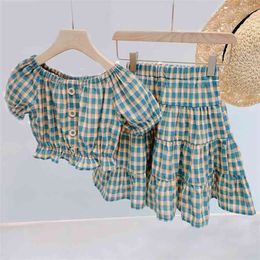 Summer Plaid Suit Top+Stitching Pleated Skirt Kids Clothes Girls Clothing Sets Girl For 210528
