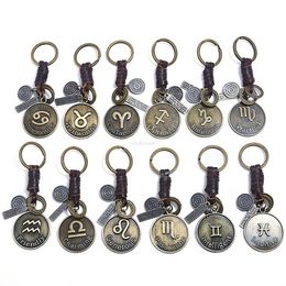 Retro Horoscope sign Disc keychain Leather Weave 12 Bronze constell key ring Bag hangs holder rings for women men fashion jewelry