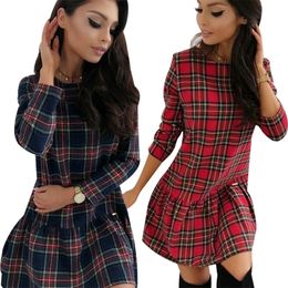 Plaid Dress For Women Long Sleeve Autumn Fashion Round Neck Loose Lady Mini Dress Red Casual Fall Female Party Dress Vestido 210316