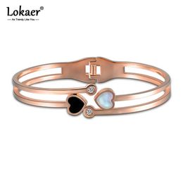 Lokaer Classic Titanium Steel Rose Gold Bracelet & Bangle Fine Jewellery Double Shell Heart Lovey Bangle Lover Jewellery B17002 Q0719