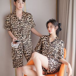 Leopard Couple Summer Pyjamas Set Thin Soft Faux Silk Sleepwear Pyjama Pour Femme Short Sleeve Shorts Home Suit Loose Loungewear X0526