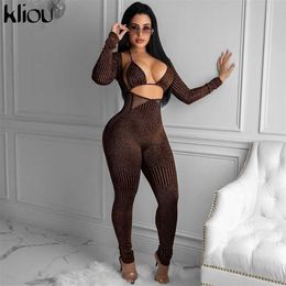 Kliou Mesh Shinny Patchwork Jumpsuits With Lace Up Halter Bikini Women Sexy Hollow Out Overalls Club Party Clothes 211119