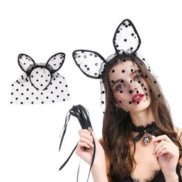 Polka dot lace veil cat ears Headbands black hair hoop Halloween mask dance party photography headdress