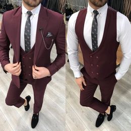 New Style Groomsmen Peak Lapel Groom Tuxedos Burgundy Men Suits Wedding/Prom/Dinner Best Man Blazer ( Jacket+Pants+Tie+Vest ) W988