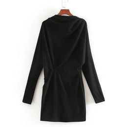 Casual O Neck Black Dresses Women Fashion Fold Straight Dress Back Zipper Elegant Ladies Long Sleeve Mini 210531