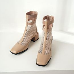 square heeled shoes Canada - Dress Shoes 2021 Spring Fashion Women's Nude Square Heel Short Boots Roman Style Casual Office Zipper Black Apricot Size 33-40