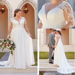 2022 Gorgeous Plus Size Wedding Dresses Bridal Ball Gown Long Sleeves Chiffon V Neck Lace Applique Sweep Train Custom Made Party Gowns Vestido De Novia 401 401