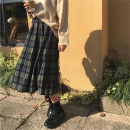 Vintage Wool Pleated Plaid Skirt Women High Waist Plus Size Long Skirt Autumn Winter Harajuku Female Party Skirt Streetwear 210310