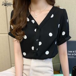 Summer Short Sleeve Women Blouse Tops Office Lady Polka Dot V Neck Women Shirts Chiffon Plus Size Printing Clothing 13899 210527