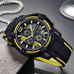 Megir Men's Black Silicone Strap Quartz Watches Chronograph Sports Wristwatch for Man 3atm Waterproof Luminous Hands 2097 Yellow 210804
